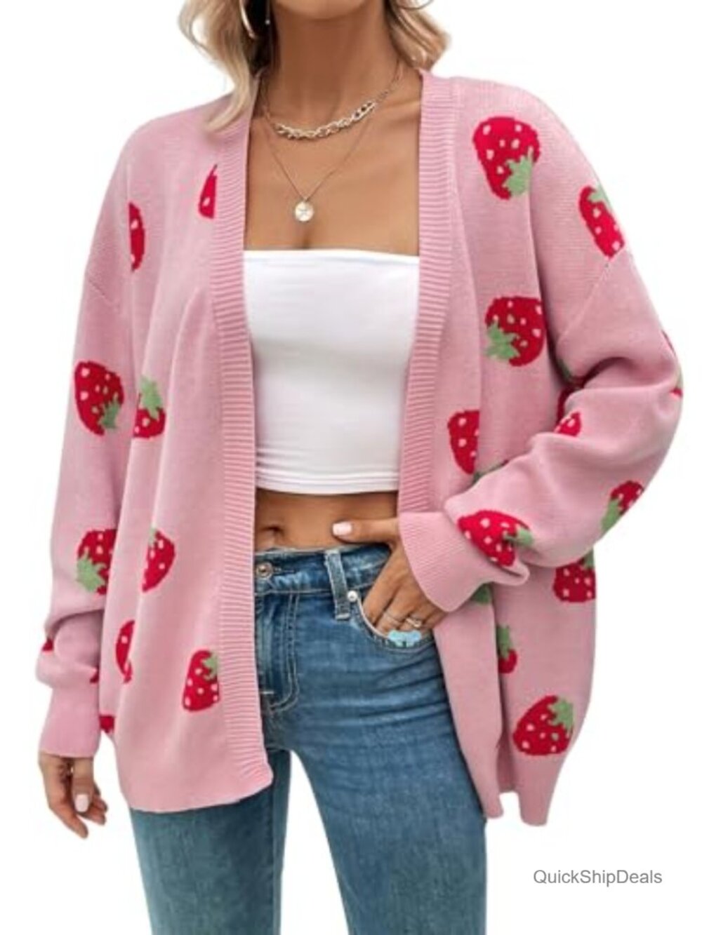 Kawaii Strawberry Print Open Front Knit Cardigan Long Sleeve Loose Fit